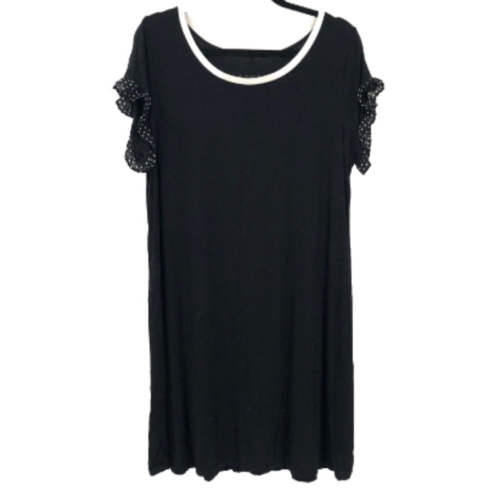 KATE SPADE Nightgown Sleep Dress Stretch Jersey Black Polka Dot Ruffle L Lounge
